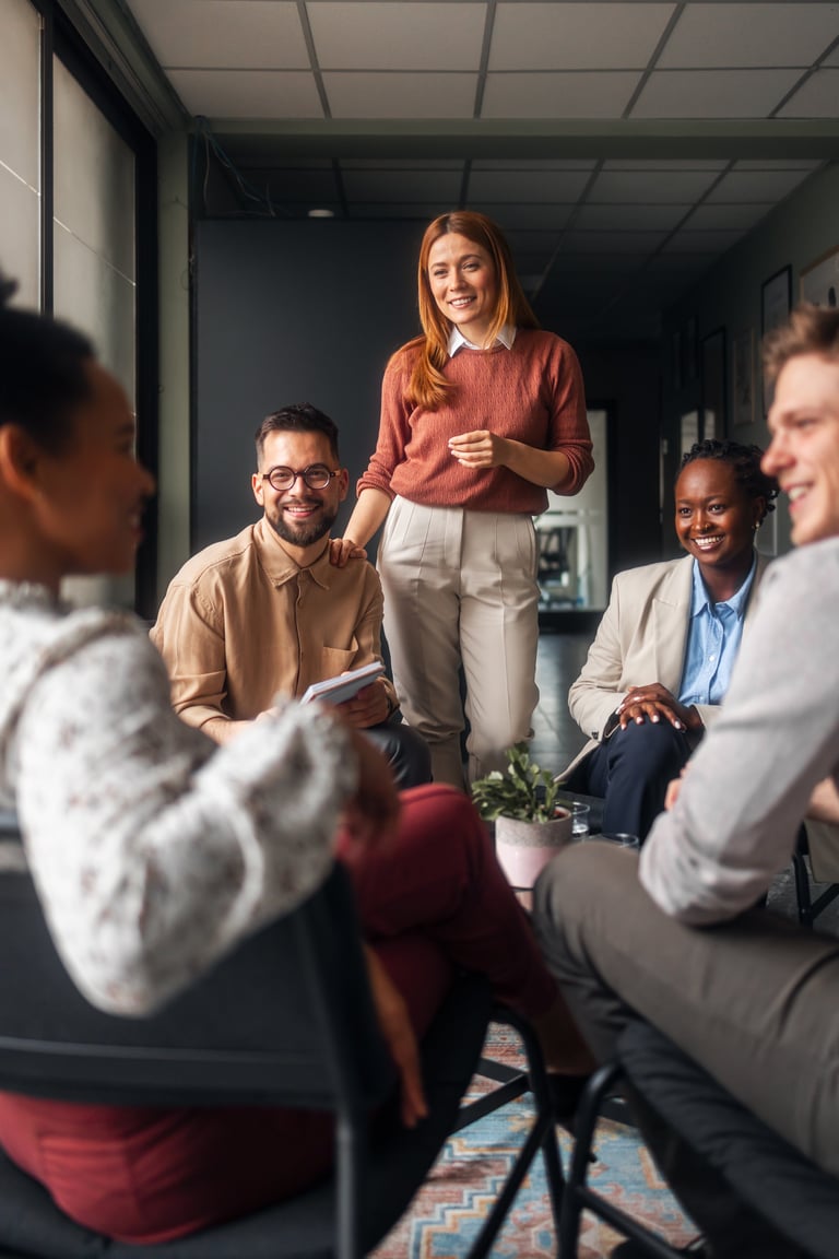 A friendly group of coworkers shares ideas and engages in a relaxed office setting atmosphere