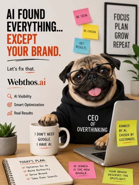 Pug wearing glasses and CEO shirt at desk with sticky notes and motivational signs promoting Webthos.ai brand visibility services