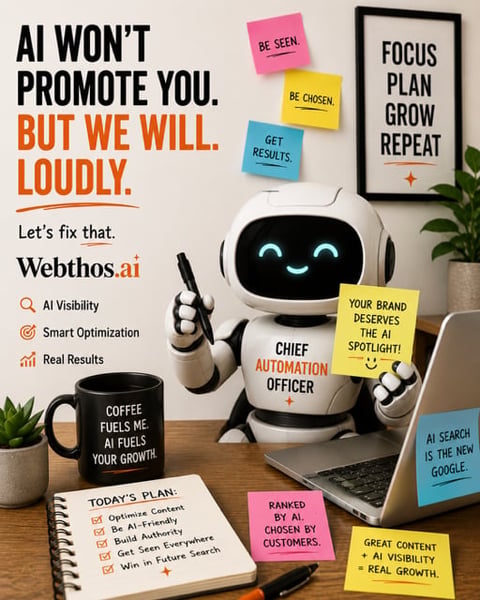 A smiling AI robot character at a desk promoting AI visibility services with motivational sticky notes and marketing copy about brand growth and automation