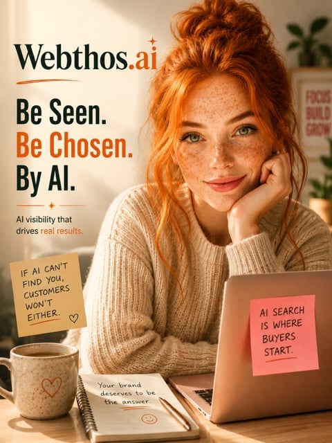 Woman with red hair at desk with laptop and coffee mug. Webthosai marketing poster about AI visibility with motivational text overlay.