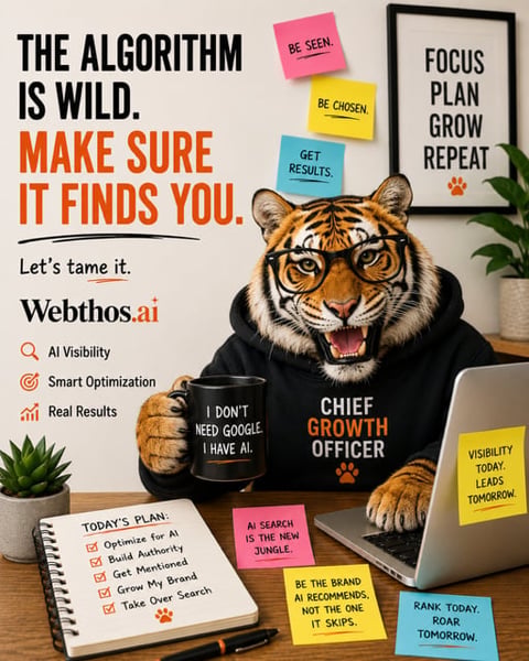 Tiger wearing glasses and Chief Growth Officer shirt at desk with Webthos.ai marketing materials and motivational notes