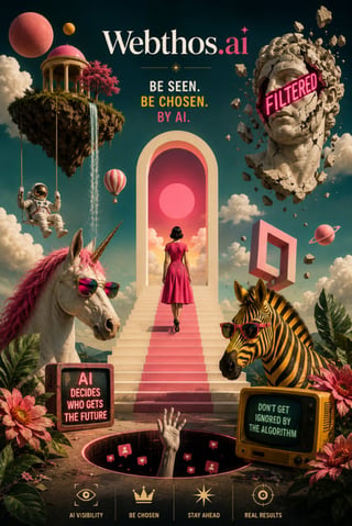 Webthos.ai surreal poster featuring woman in pink dress walking through tunnel surrounded by floating islands, unicorn, zebra, and astronaut in dreamlike landscape