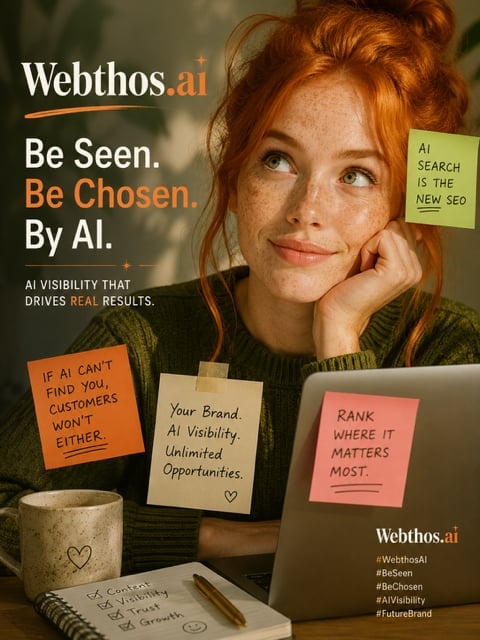 Webthosai marketing image featuring woman at laptop with sticky notes promoting AI visibility and SEO services