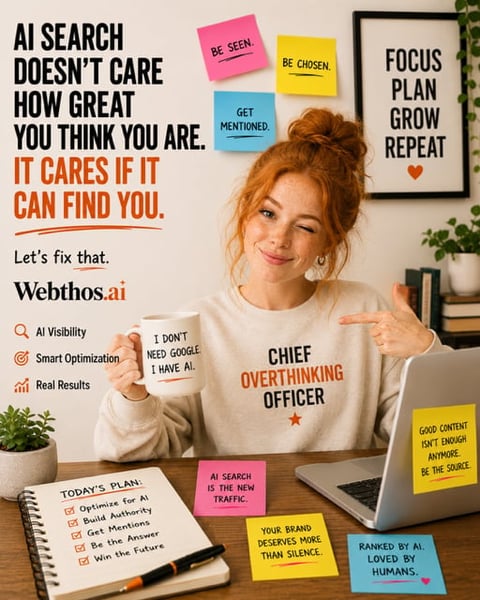 Woman in Chief Overtinking Officer shirt at desk surrounded by motivational sticky notes and Webthos.ai marketing materials about AI search visibility