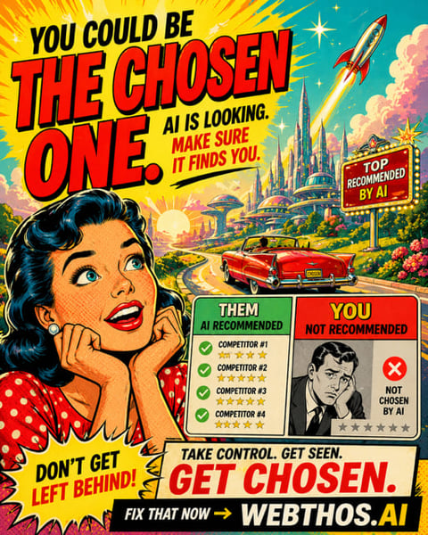 Retro-style promotional poster with woman and man, futuristic city background, comparing AI recommendations. Text reads You Could Be The Chosen One with website WETHOS.AI