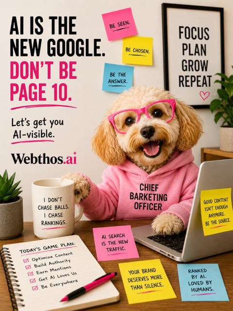 Dog wearing pink glasses and hoodie labeled Chief Barking Officer, surrounded by AI marketing advice notes and sticky notes on desk