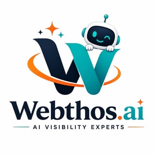 Webthos.ai logo featuring a friendly smiling robot mascot on a stylized W and V with orbiting orange lines and sparkles, text reads AI Visibility Experts