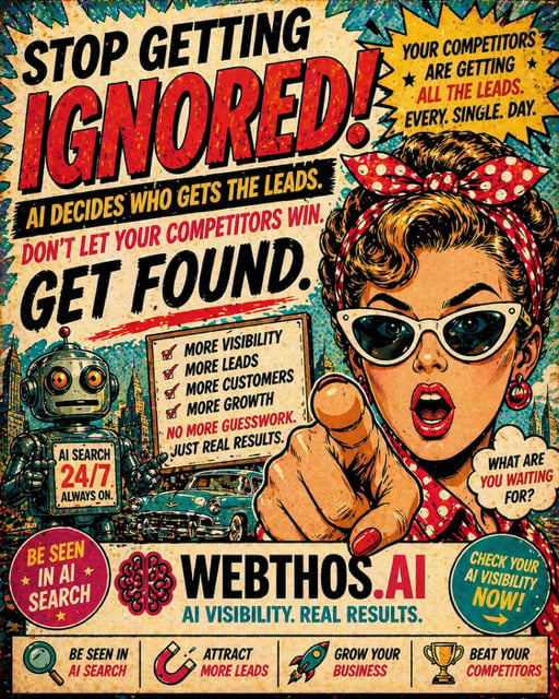 Retro vintage poster with woman pointing at viewer advertising AI visibility and lead generation service Werthos