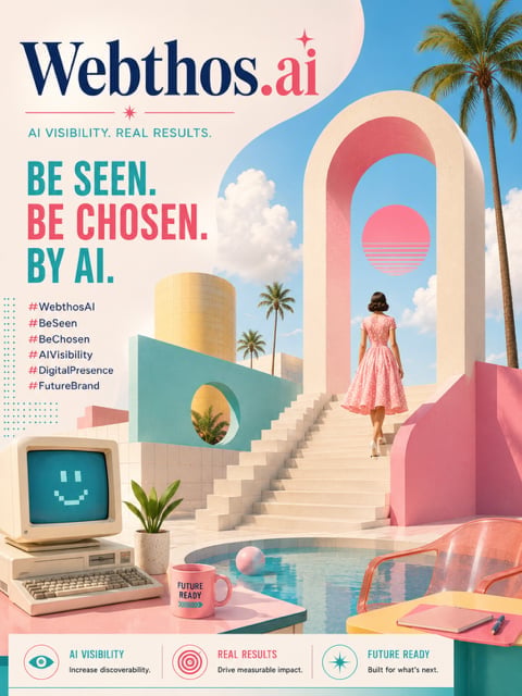 Webthos.ai marketing poster featuring retro design with woman on pink stairs, tropical scenery, and AI visibility tagline