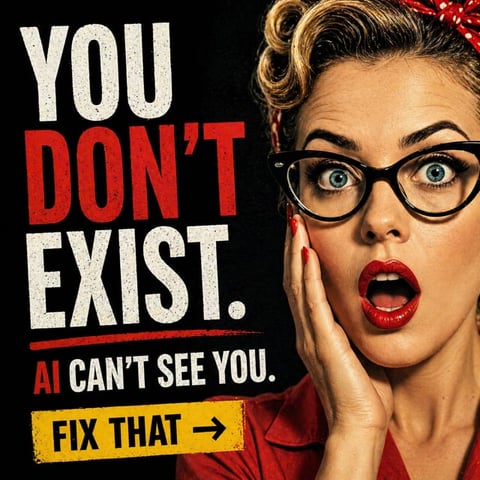 Woman with shocked expression wearing glasses and red lipstick with text saying You dont exist. AI cant see you. Fix that on black background