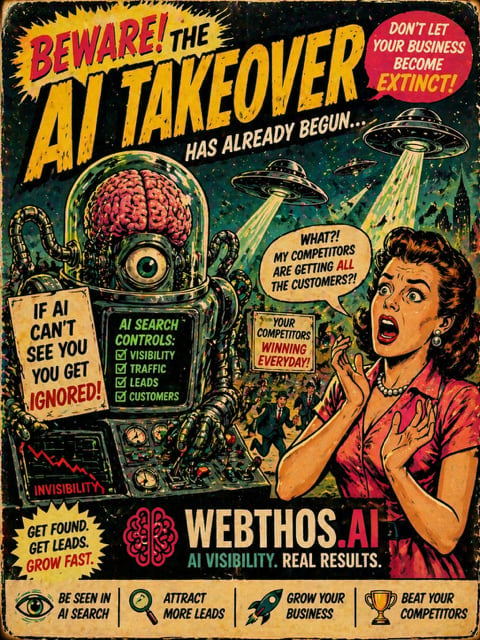 Retro sci-fi style poster warning about AI takeover with robot, UFOs, and alarmed woman promoting WERTHOS AI visibility services