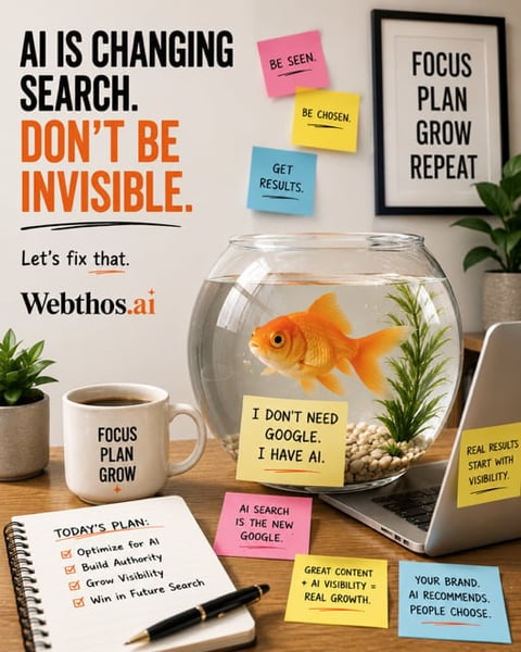 Marketing poster with goldfish in bowl and sticky notes about AI search visibility, featuring Webthos.ai branding and productivity tips
