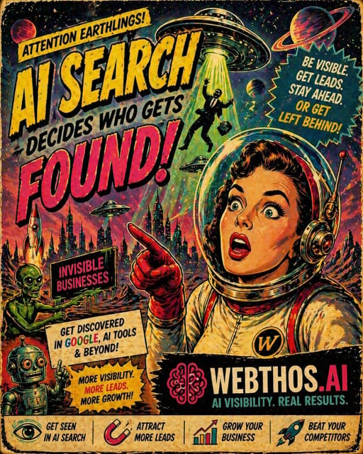 Vintage sci-fi style poster advertising AI search technology, featuring a shocked woman astronaut in a space helmet with aliens and UFO