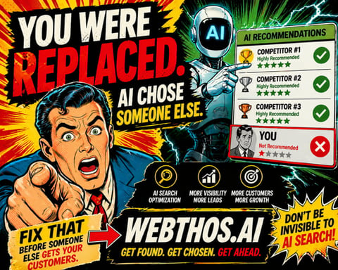 Comic-style graphic promoting Werthos.ai, showing a shocked man labeled You Were Replaced with AI recommendations panel and website URL.