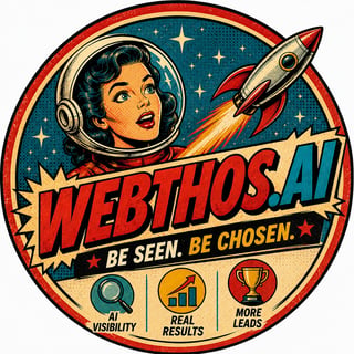 Retro space-themed vintage poster with woman astronaut in helmet, rocket, text WEBTHOS AI Be Seen Be Chosen and icons for AI Visibility, Real Results, More Leads