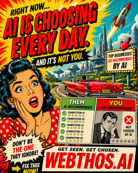 Retro-style promotional poster warning that AI is choosing businesses every day, encouraging users to visit WebThos.ai to get chosen by AI recommendations