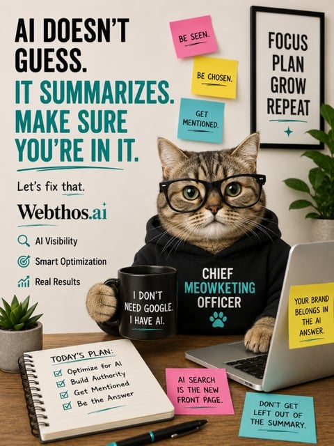 Cat wearing glasses and Chief Marketing Officer shirt at desk with AI visibility tips, sticky notes, and Webthos.ai promotional content about AI summarization and optimization